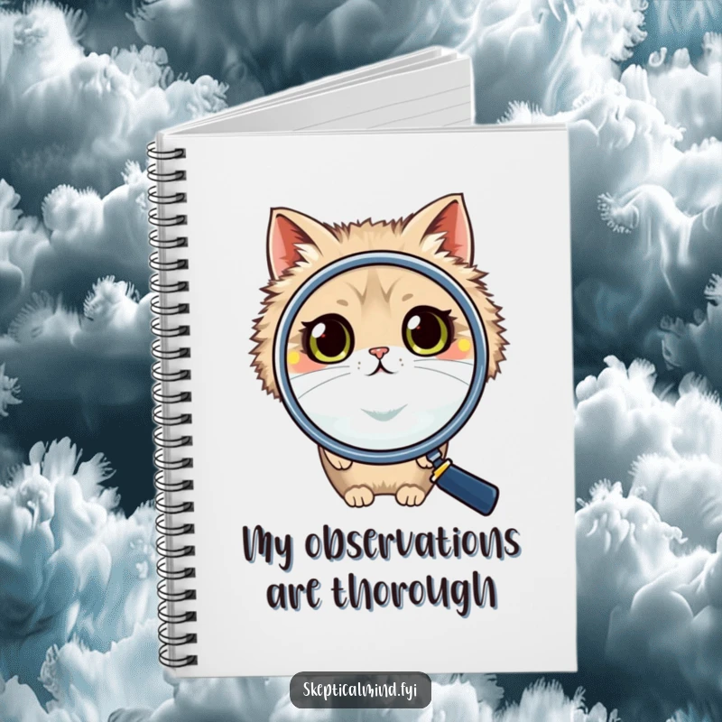 Funny cat notebook featuring a fluffy cat peering intently over a large magnifying glass, its wide eyes symbolizing a search for brilliant, humorous ideas.
