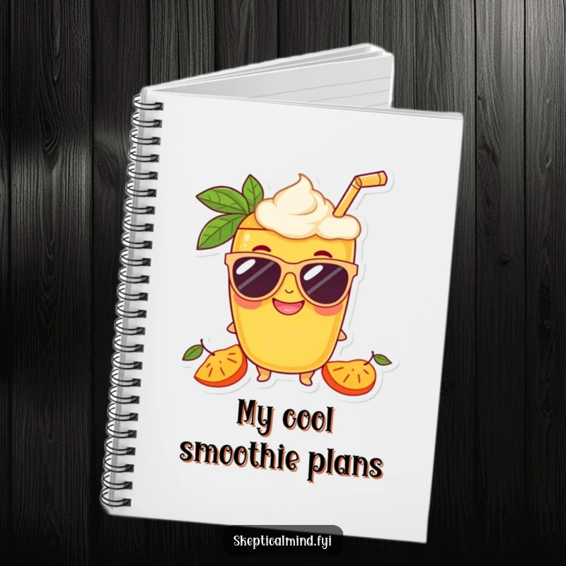 Funny Mango smoothie character in oversized sunglasses with a grin on the cover of this cool notebook.