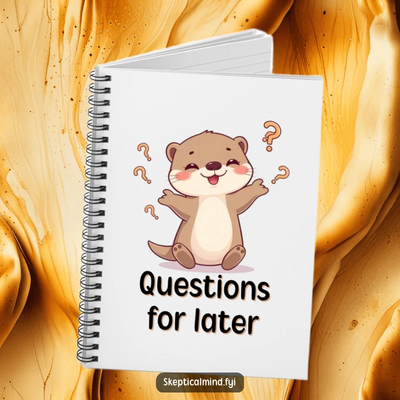 Funny otter notebook featuring a playful otter juggling question marks with a smirk, perfect for jotting down thoughts.