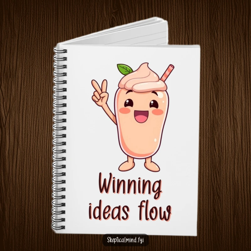 Funny notebook cover with an excited peach smoothie character striking a victory pose, designed for documenting wins and bright ideas.