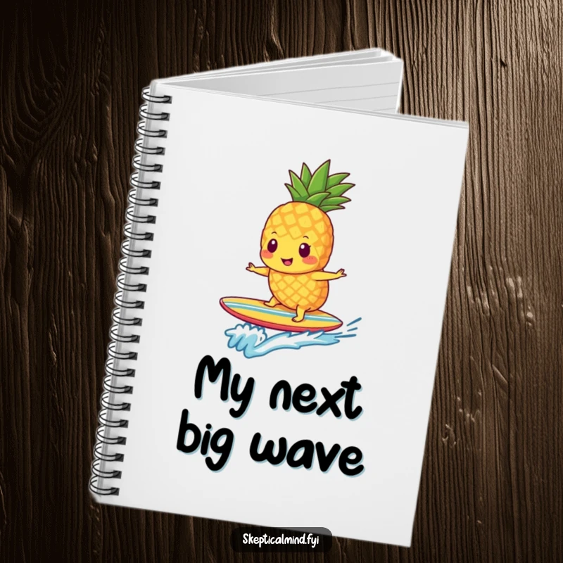 Funny pineapple smoothie character surfing on a surfboard, inspiring creative thoughts within this notebook.