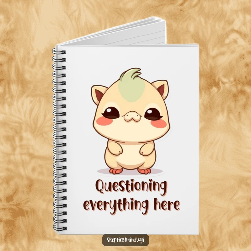 Funny small Kawaii creature tilting its head with a comically skeptical expression, printed on a notebook for noting down your most questionable thoughts.