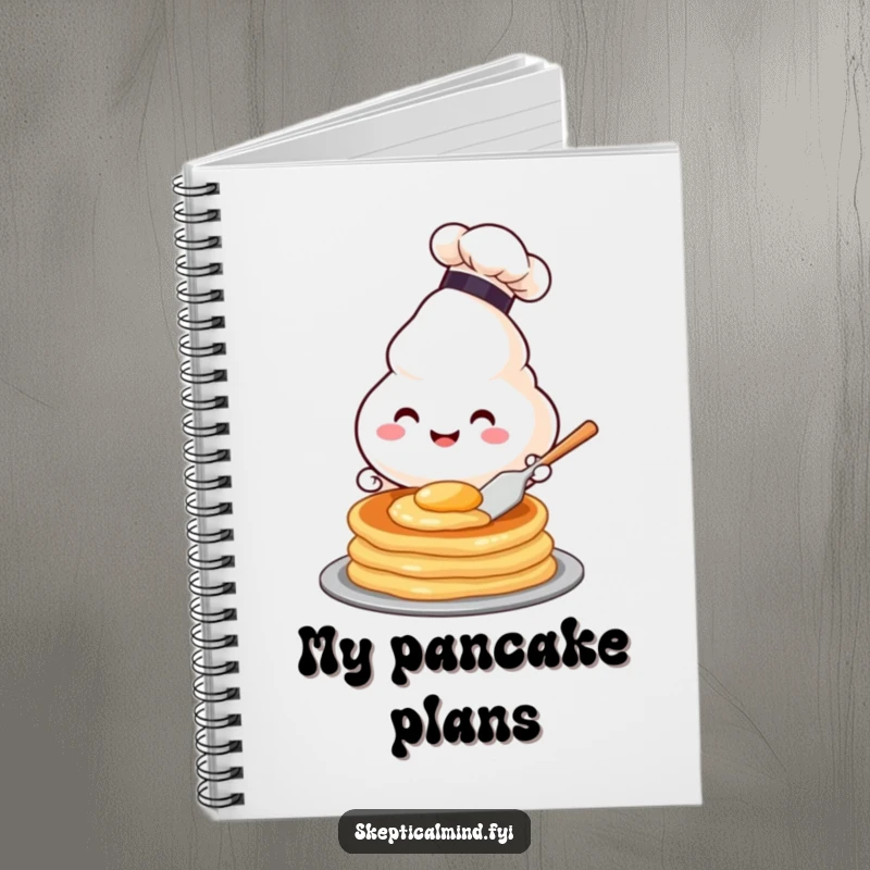 Funny notebook with a happy sour cream character in a chef hat flipping a pancake, symbolizing the recording of humorous recipes.