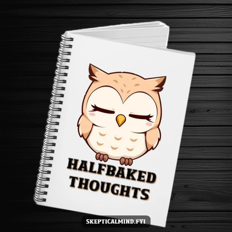 Funny Notebook showcasing a sleepy owl blinking slowly with a quizzical head tilt, ideal for capturing thoughtful notes and ideas.