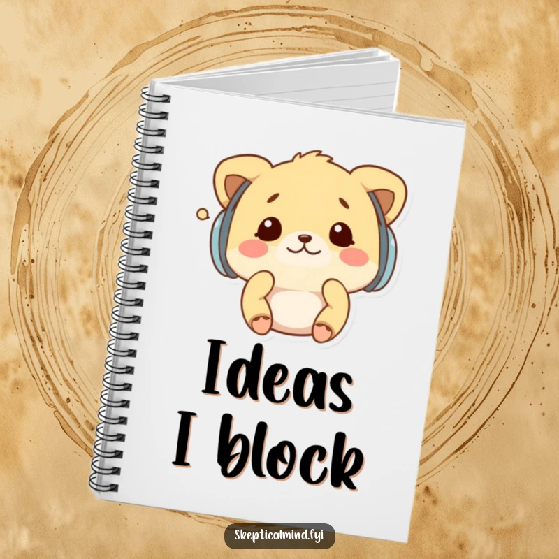 Funny notebook with a kawaii animal wearing earmuffs, shaking its head at a whisper, encouraging humorous focus on writing.
