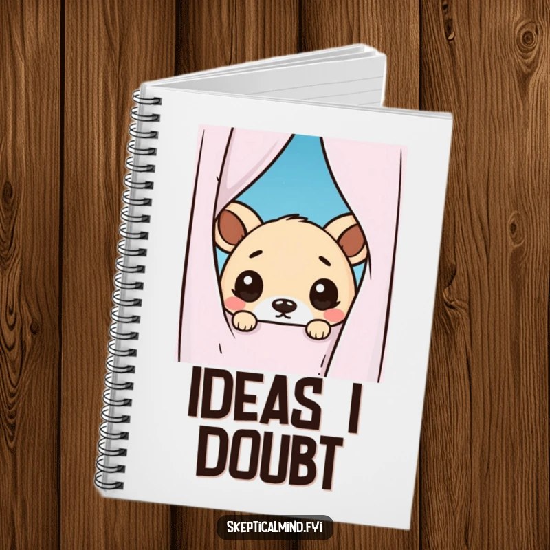 Funny notebook with a kawaii animal peeking from behind a curtain, its wide, doubtful eyes inspiring creative notes and humorous observations.