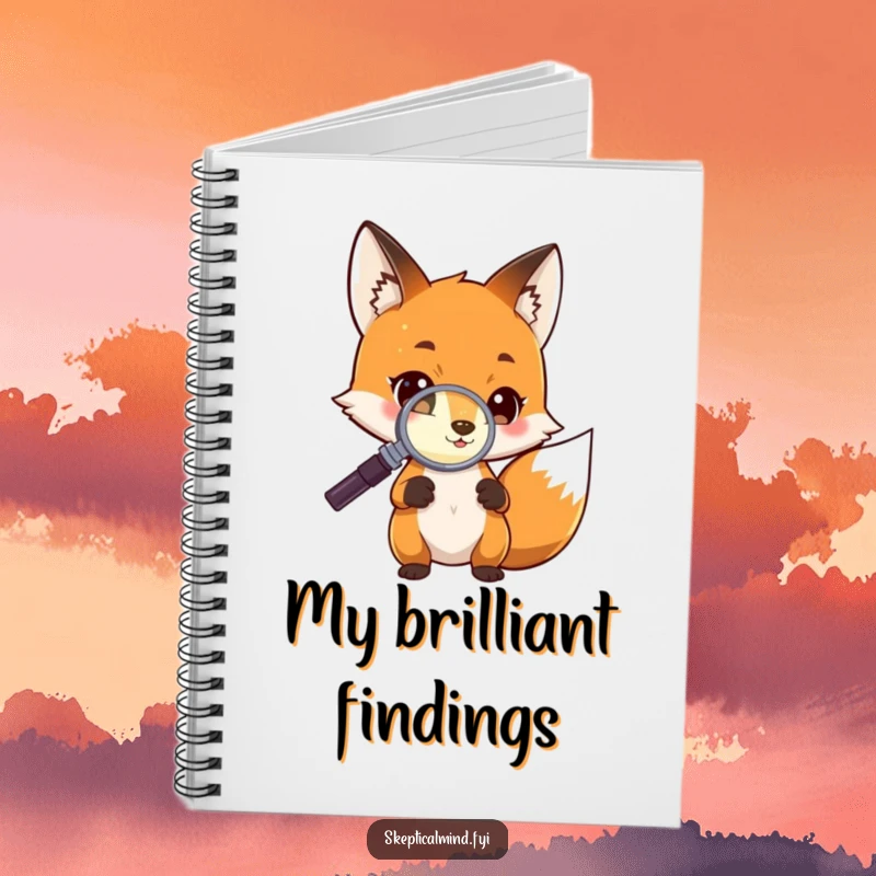 Funny Notebook with a curious fox character examining a glowing object with a magnifying glass, ideal for recording findings.