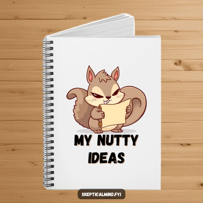 Funny squirrel notebook with a mischievous squirrel holding a secret scroll, ideal for writing down secrets and ideas.
