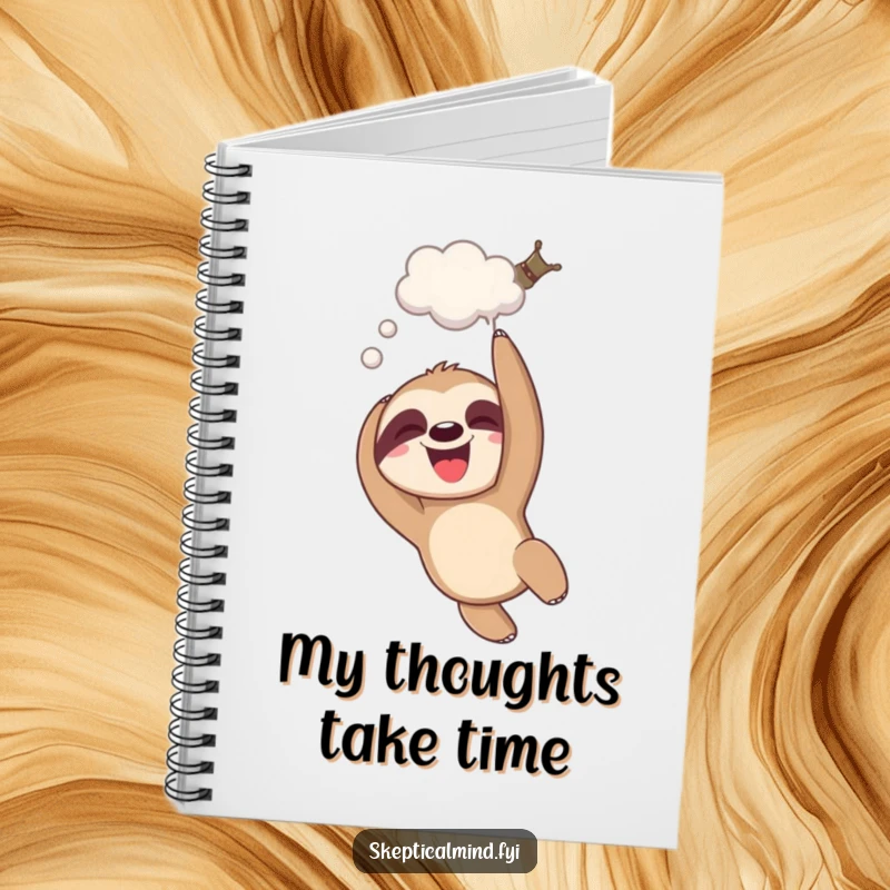 Funny giggling sloth notebook with a sloth dangling upside down and a thought bubble, ideal for notes.