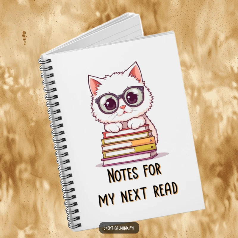 Funny Notebook: A fluffy cat with oversized spectacles peers over a stack of books, inspiring notes and study sessions with academic humor.