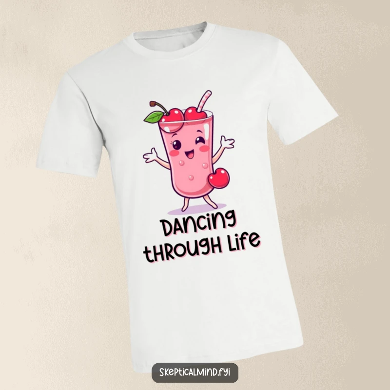 Funny Cherry smoothie character is captured mid-dance on this playful and humorous t-shirt.