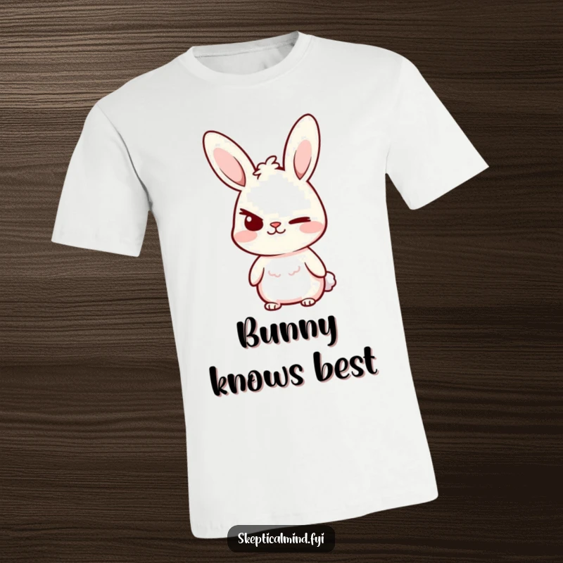 Funny T-Shirt featuring a small bunny with a confident smirk and one eyebrow raised, ready for some playful trouble.