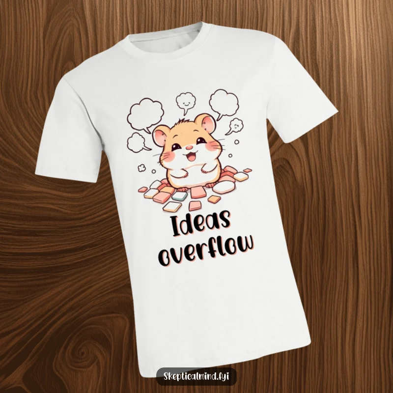 Funny t-shirt with a giggling hamster peeking from scattered thought bubbles, representing a flood of creative ideas.