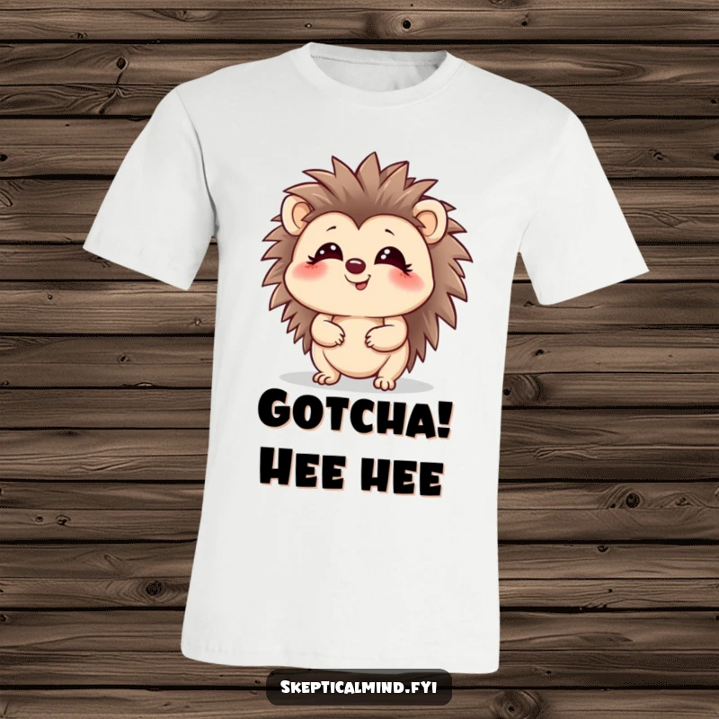 Funny hedgehog t-shirt featuring a giggling character looking up with a playful glint, great for casual wear.