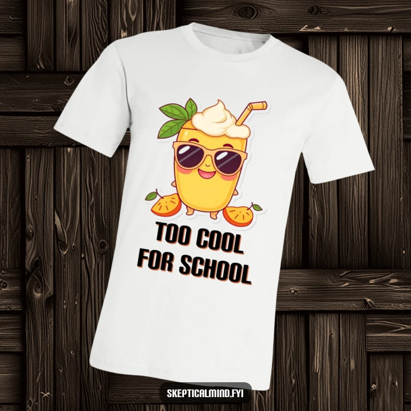 Funny Mango smoothie character sporting oversized sunglasses and a huge grin on this trendy t-shirt.