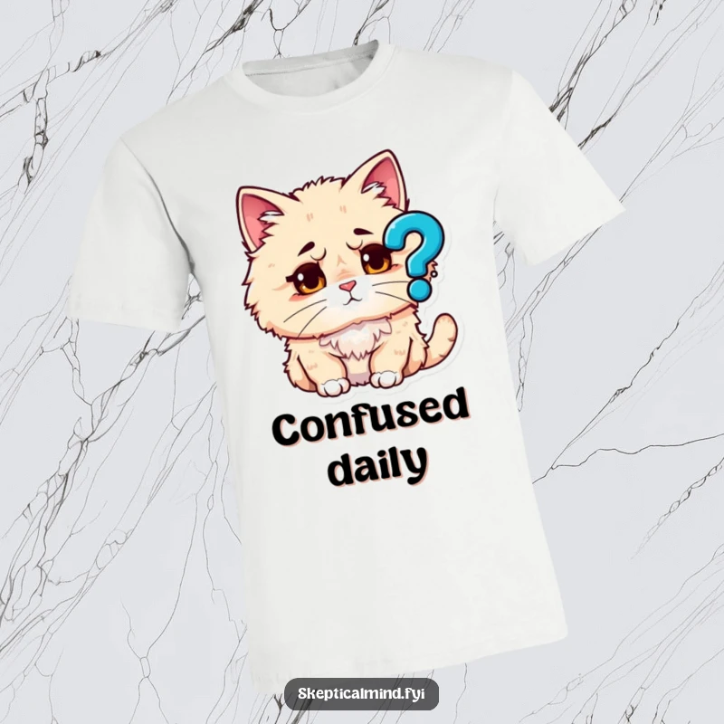 Funny T-shirt depicting a fluffy cat with a bewildered look, gazing directly at a bright question mark icon, lost in thought.