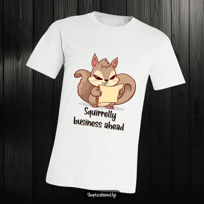 Funny squirrel t-shirt showing a sly squirrel holding a secret scroll, perfect for those with a mischievous sense of humor.