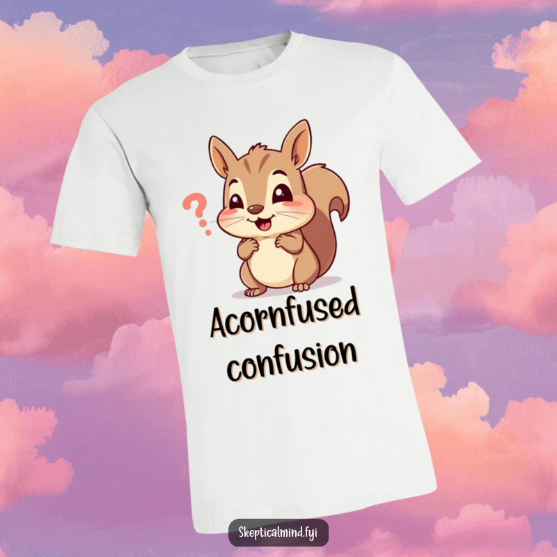Funny t-shirt featuring a cheerful squirrel squinting intently at a tiny, confusing symbol, designed for humor enthusiasts.
