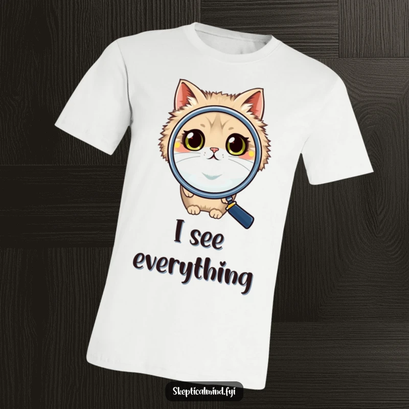 Funny cat t-shirt showing a fluffy feline peering over a huge magnifying glass, its big eyes quizzically scanning the scene, ready for fun.