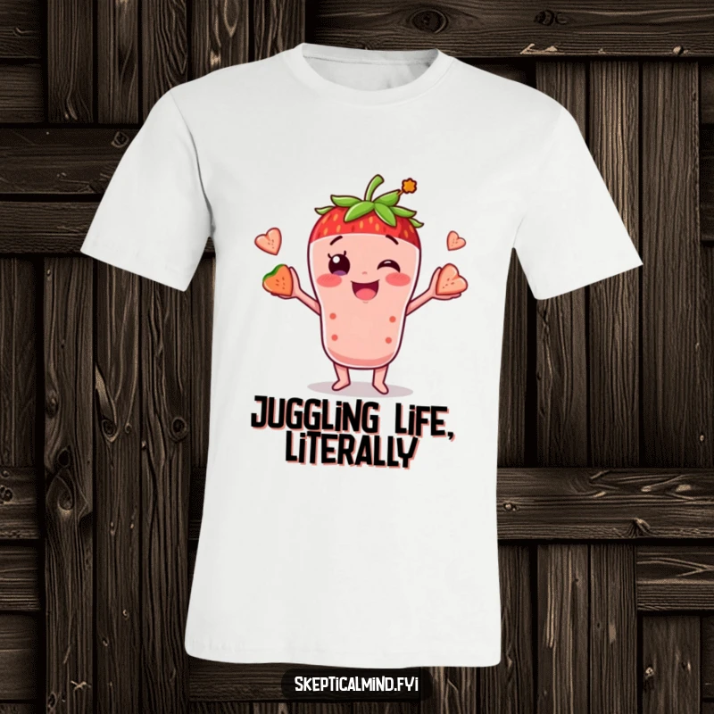 Funny t-shirt with a smiling strawberry smoothie character juggling three smaller fruit pieces, suitable for health enthusiasts and humor lovers.