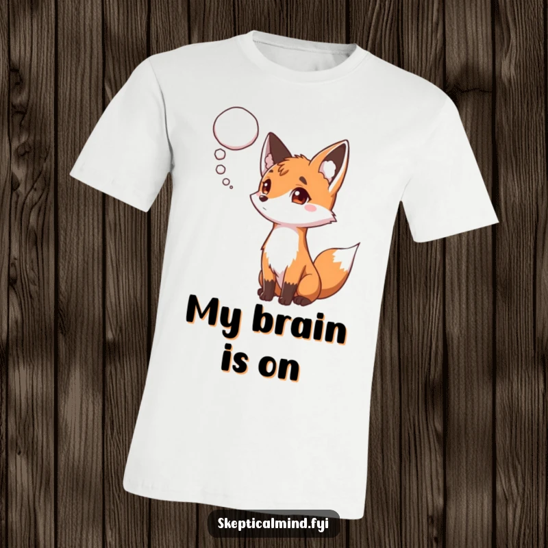 Funny T-shirt featuring a curious fox with a distinctively raised eyebrow, attentively watching a thought bubble float nearby, contemplating.