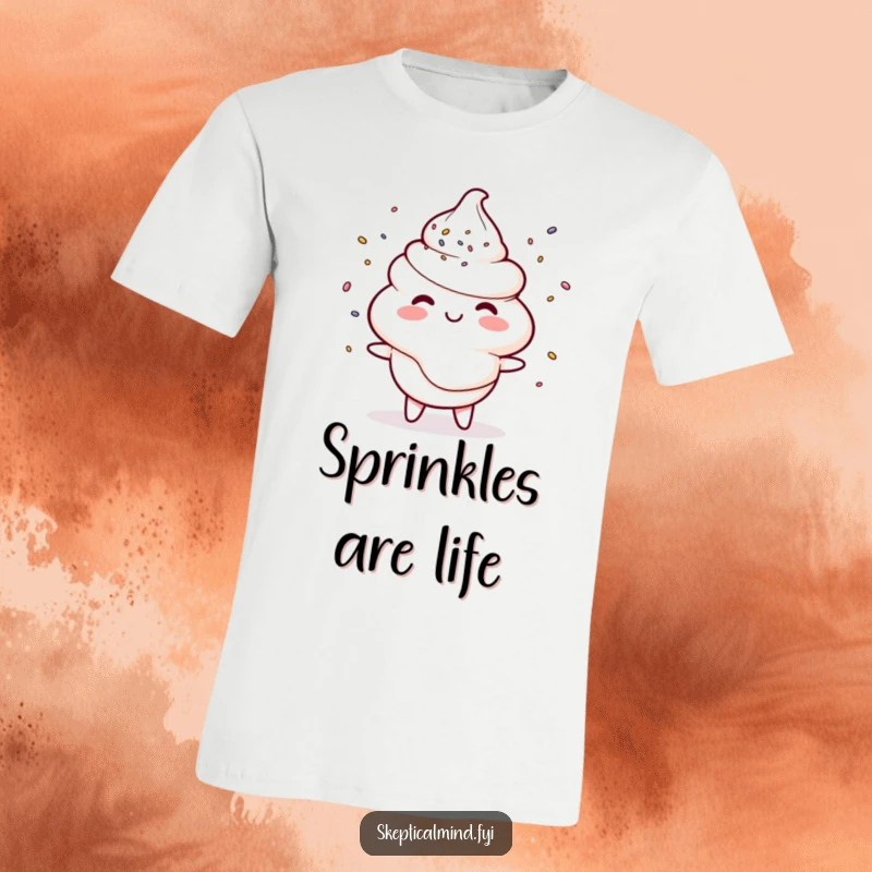 Funny t-shirt with a smiling sour cream character juggling small sprinkles, representing humorous dexterity and sweetness.