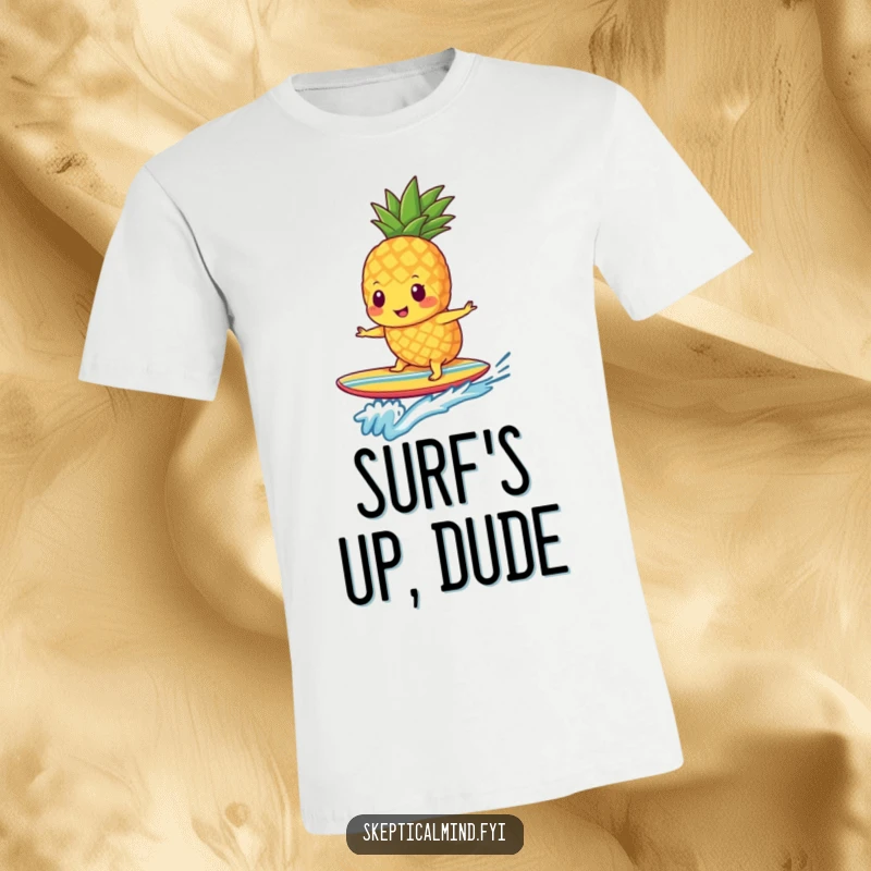 Funny pineapple smoothie character expertly riding a small surfboard, showcasing a playful and adventurous spirit on this t-shirt.