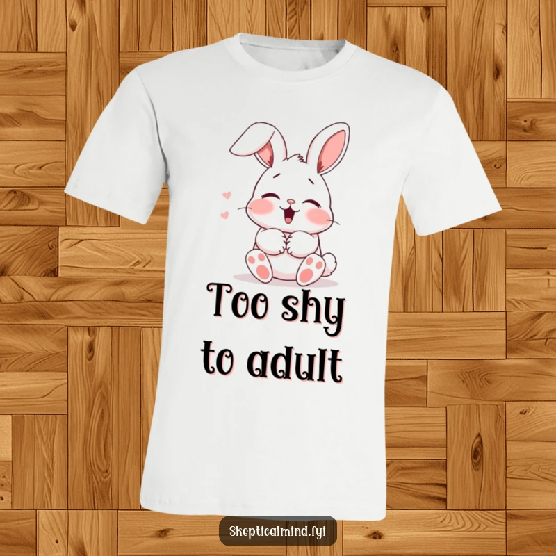 Funny T-Shirt: A cute bunny blushes and giggles behind its paws, with ears flopped down, radiating shy happiness.