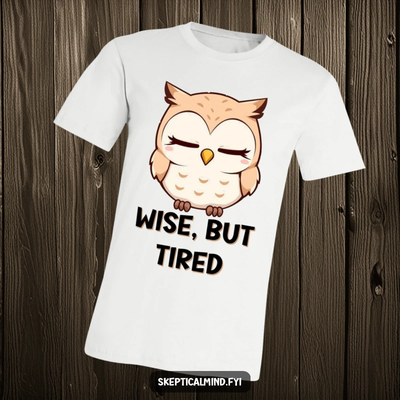 Funny T-Shirt showcasing a sleepy owl with a quizzical tilt, blinking slowly, embodying a state of gentle curiosity and relaxed vibes.
