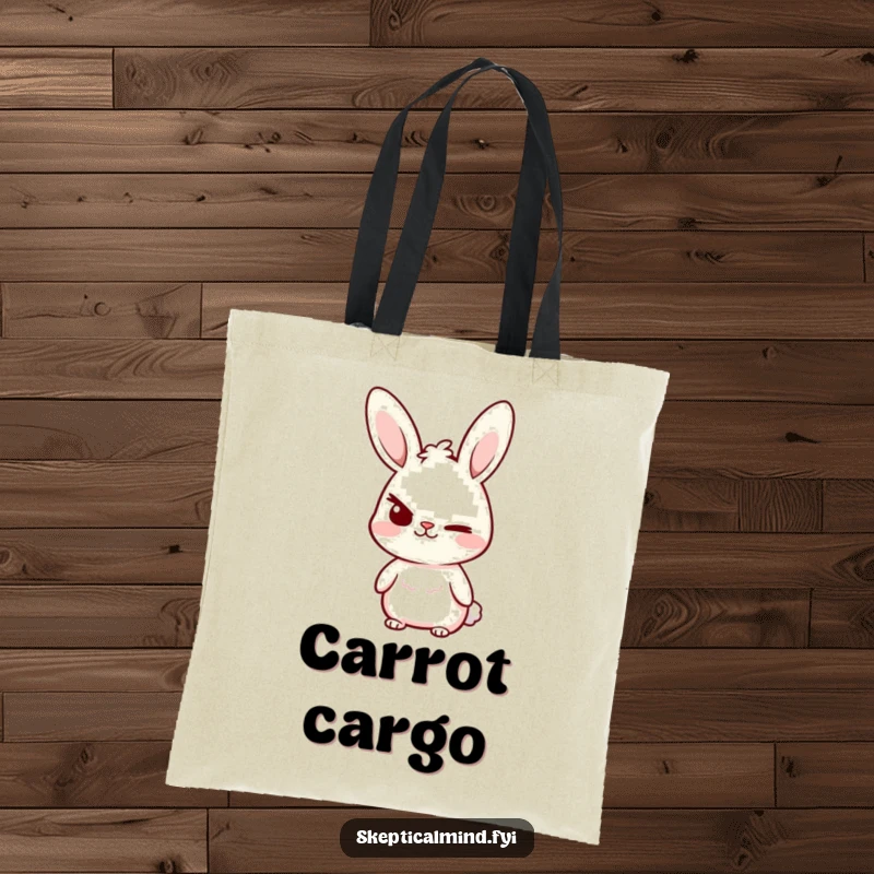 Funny Tote Bag with a small bunny character sporting a confident smirk and a raised eyebrow, perfect for carrying daily items with flair.