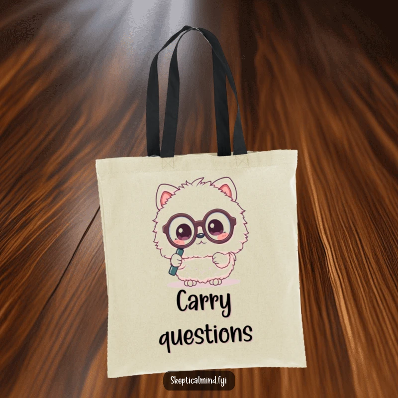 Funny tote bag with a fluffy Kawaii animal in giant glasses, looking through a magnifying glass with a puzzled expression.