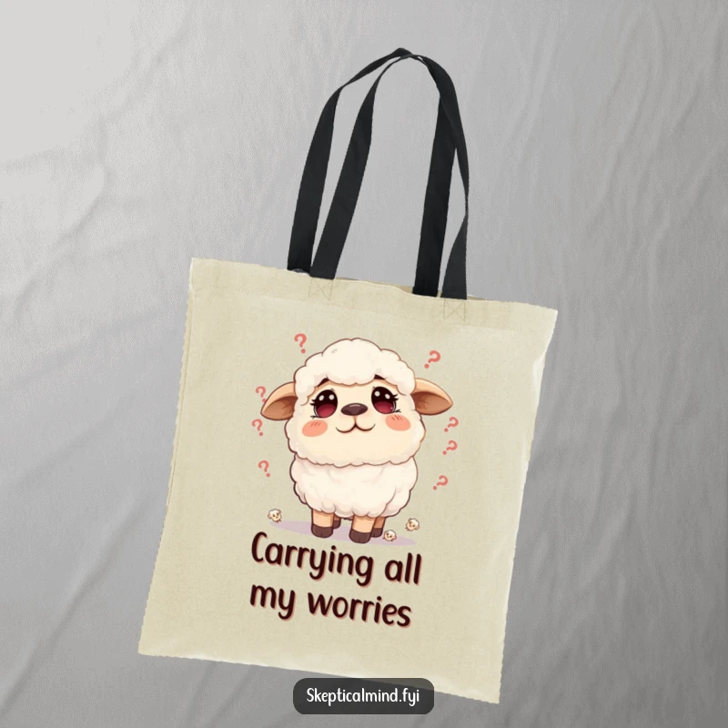 Funny sheep tote bag showing a fluffy sheep with a furrowed brow surrounded by tiny doubts, perfect for carrying daily items.