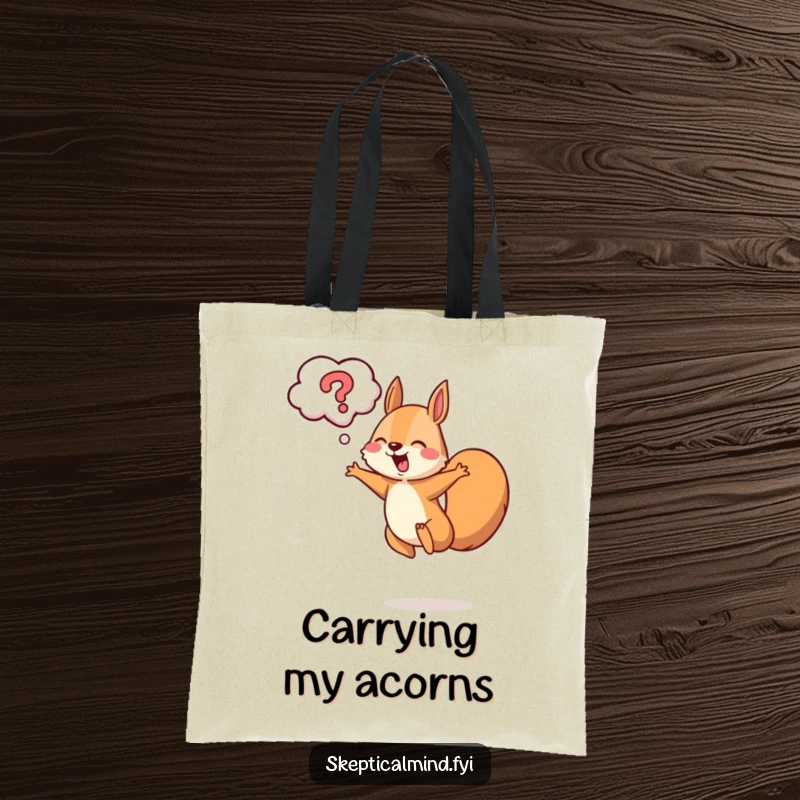 Funny squirrel tote bag showing a cheerful squirrel leaping with a question mark cloud above, perfect for curious minds.