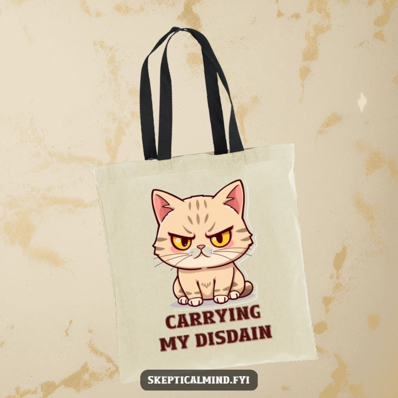 Funny Sassy Cat Tote Bag featuring a cat with one eyebrow raised, looking unimpressed yet amused, a humorous and stylish accessory.