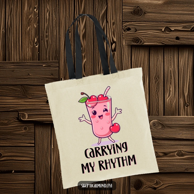 Funny Cherry smoothie character dancing playfully, printed on a practical and funny tote bag.