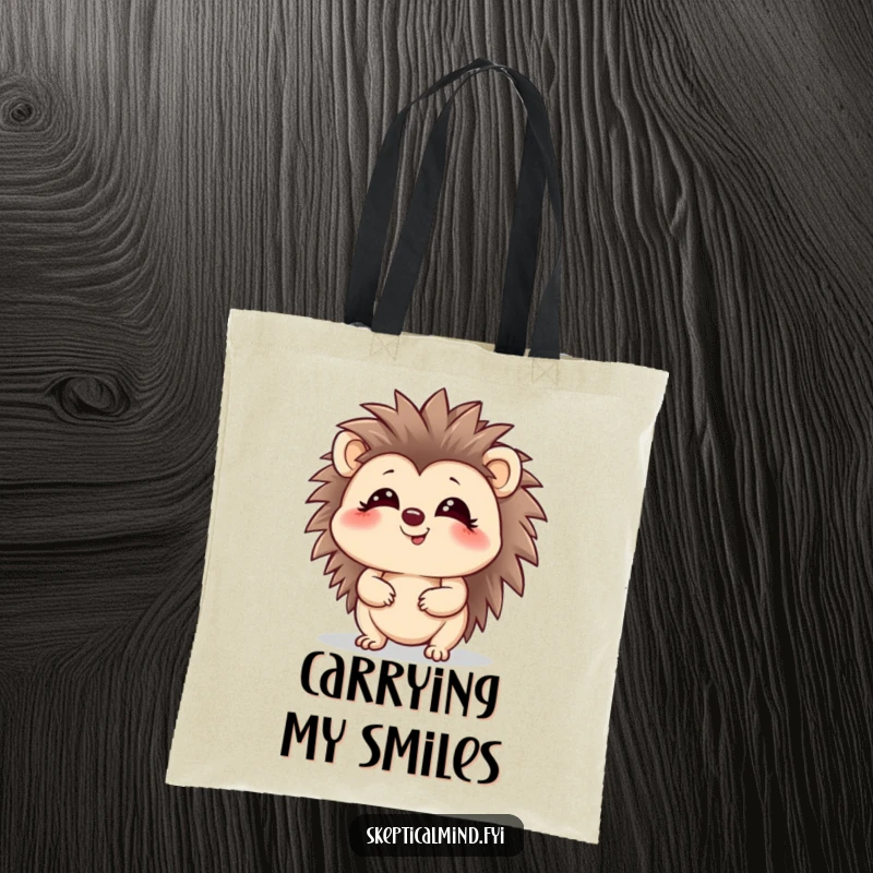 Funny hedgehog tote bag showing a giggling character looking up with a playful glint, perfect for shopping.