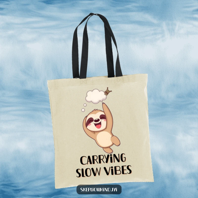 Funny giggling sloth tote bag showing a sloth dangling upside down with a thought bubble, perfect for relaxed shoppers.