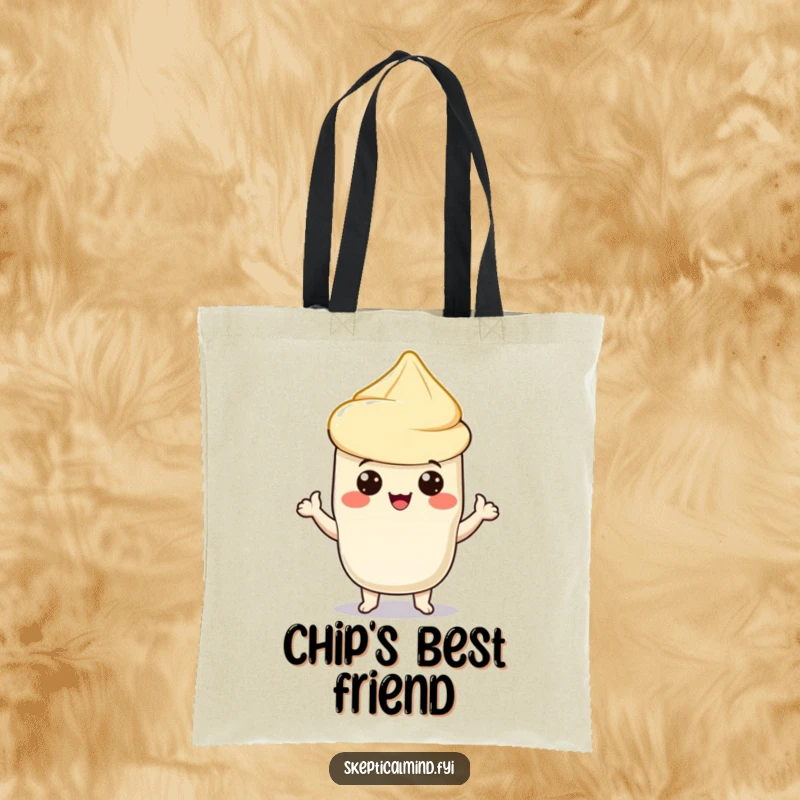 Funny tote bag with a proud sour cream character holding a chip, showcasing a love for snacks and stylish, practical carrying.