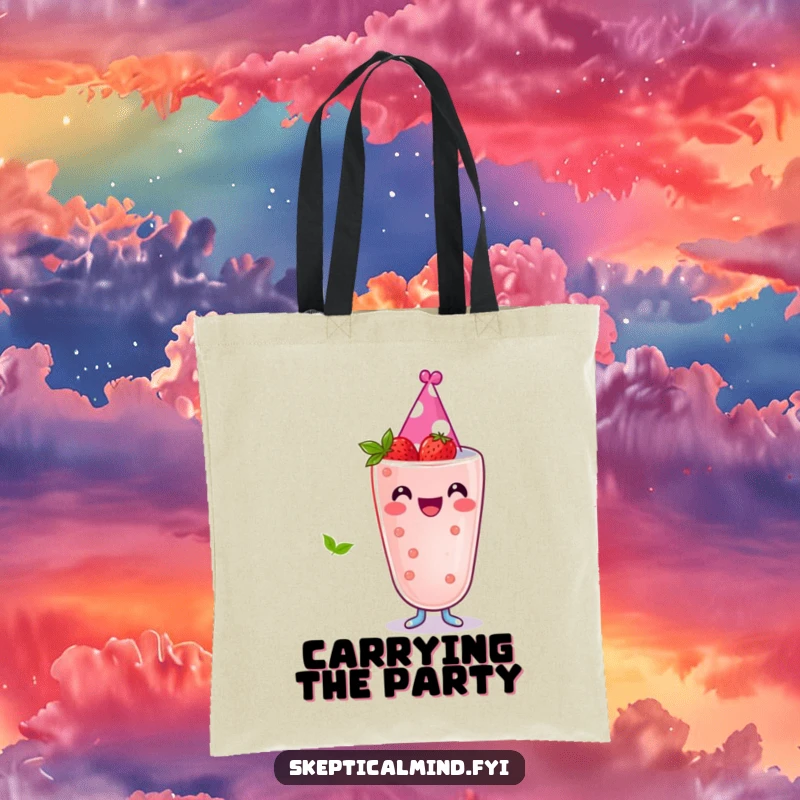 Funny tote bag featuring a joyful berry smoothie character wearing a small party hat, ready for any celebration.