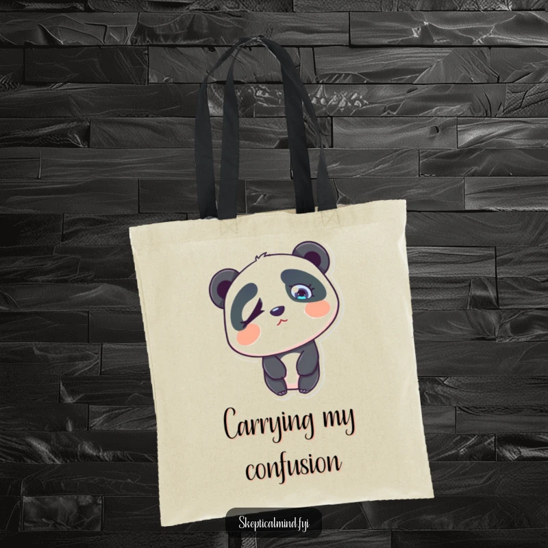 Funny confused panda tote bag showing a panda tilting its head with a questioning, raised eyebrow.