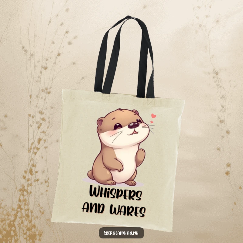 Funny tote bag depicting a giggling otter with its head tilted, listening intently to a faint whisper, brimming with secret delight.
