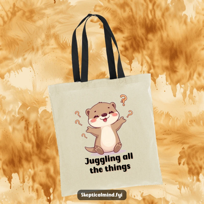 Funny otter tote bag featuring a playful otter juggling question marks with a smirk, ready to carry your thoughts.