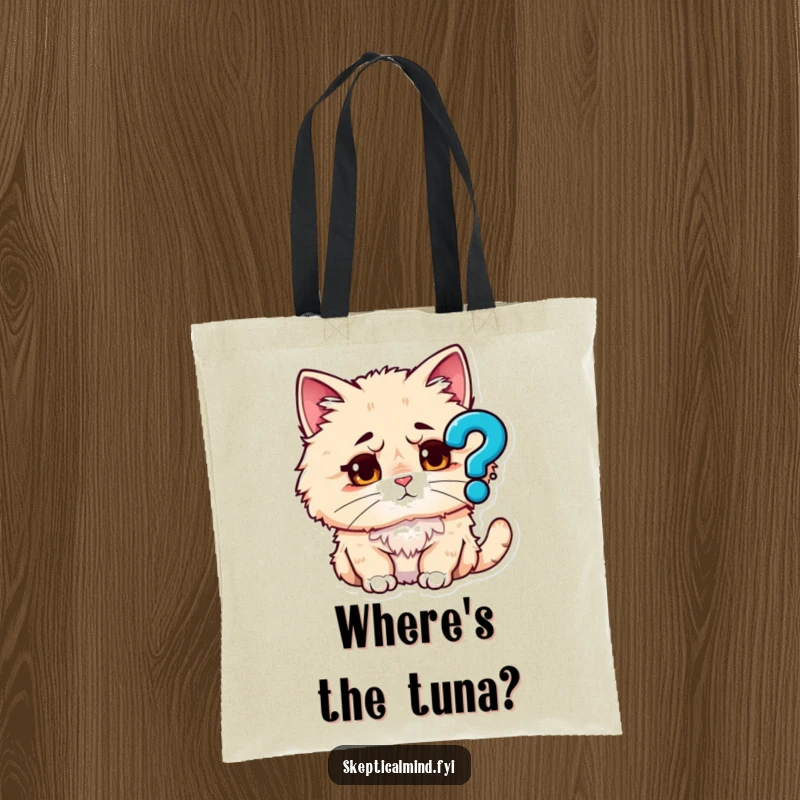 Funny tote bag with a fluffy cat looking utterly perplexed at a prominent question mark icon, symbolizing confusion and curiosity.