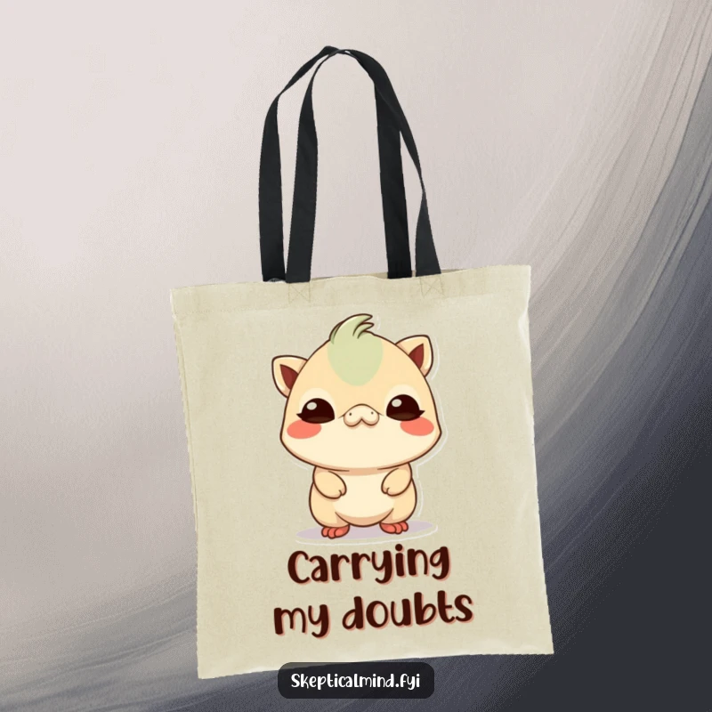 Funny small Kawaii creature tilting its head with a comically skeptical expression, printed on a durable tote bag for your suspicious errands.