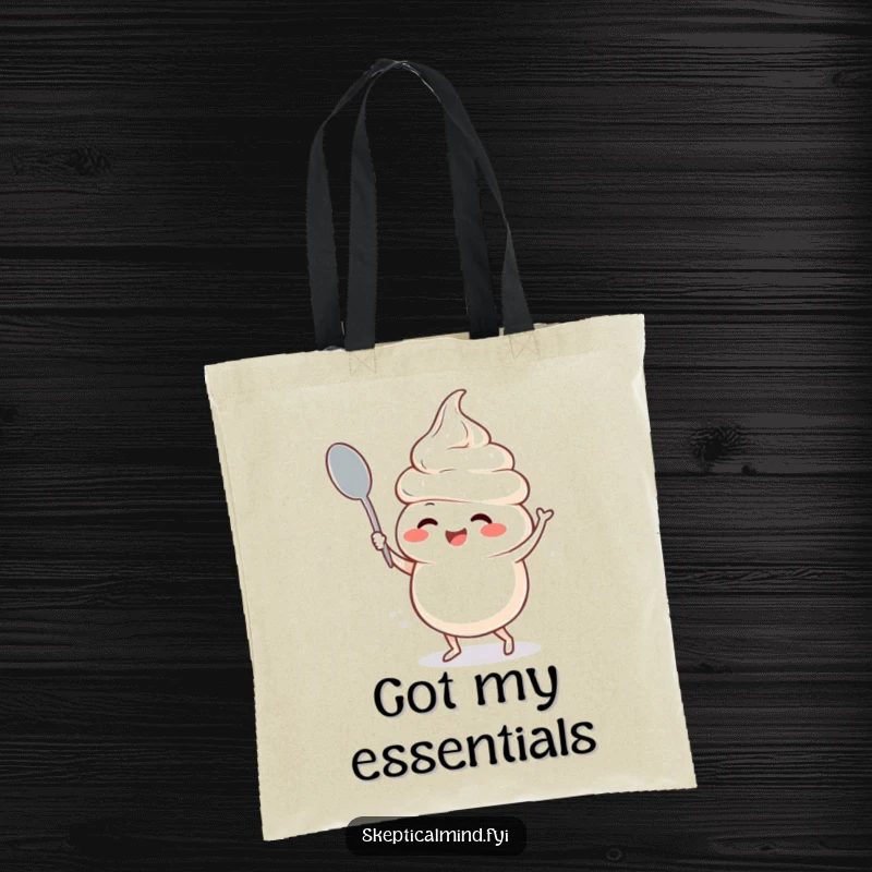Funny tote bag depicting a giggling sour cream character enthusiastically dancing with a spoon, perfect for groceries or giggles.