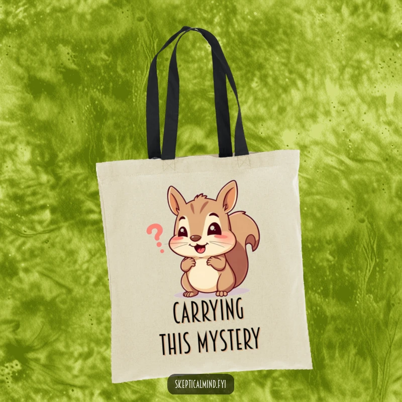 Funny tote bag depicting a cheerful squirrel squinting at a minuscule, confusing symbol, a stylish and humorous carry-all.