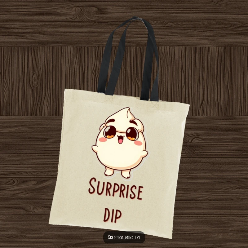 Funny tote bag showcasing a sour cream character in a state of surprise, with wide eyes and an open mouth, for stylish carrying.