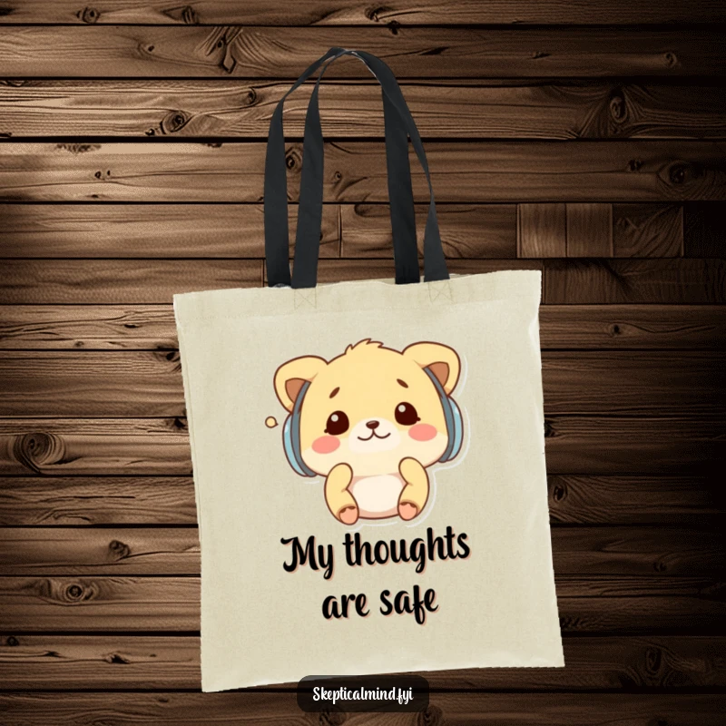 Funny tote bag featuring a kawaii animal wearing earmuffs, shaking its head at a whisper, symbolizing humorous aversion to gossip.