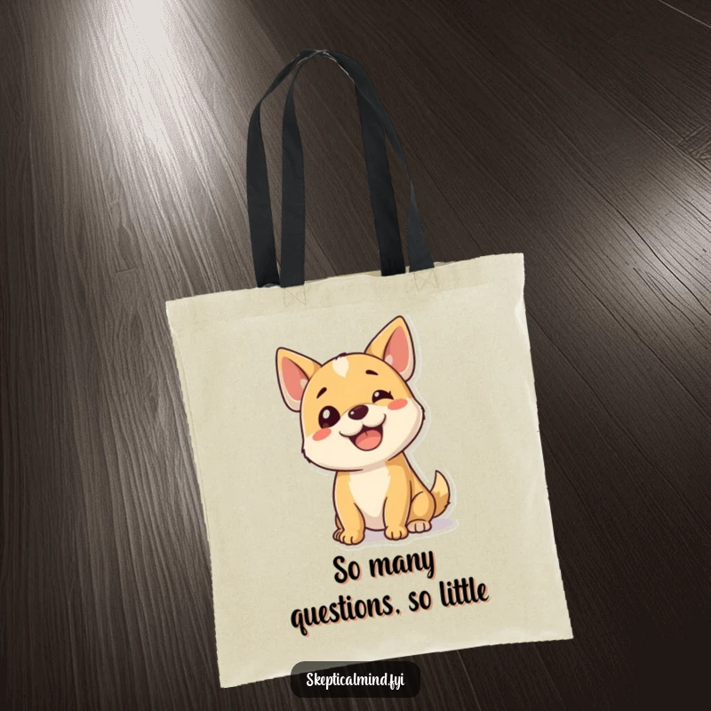 Funny dog tote bag showing a happy puppy tilting its head with a confused look, ideal for shopping and dog lovers.